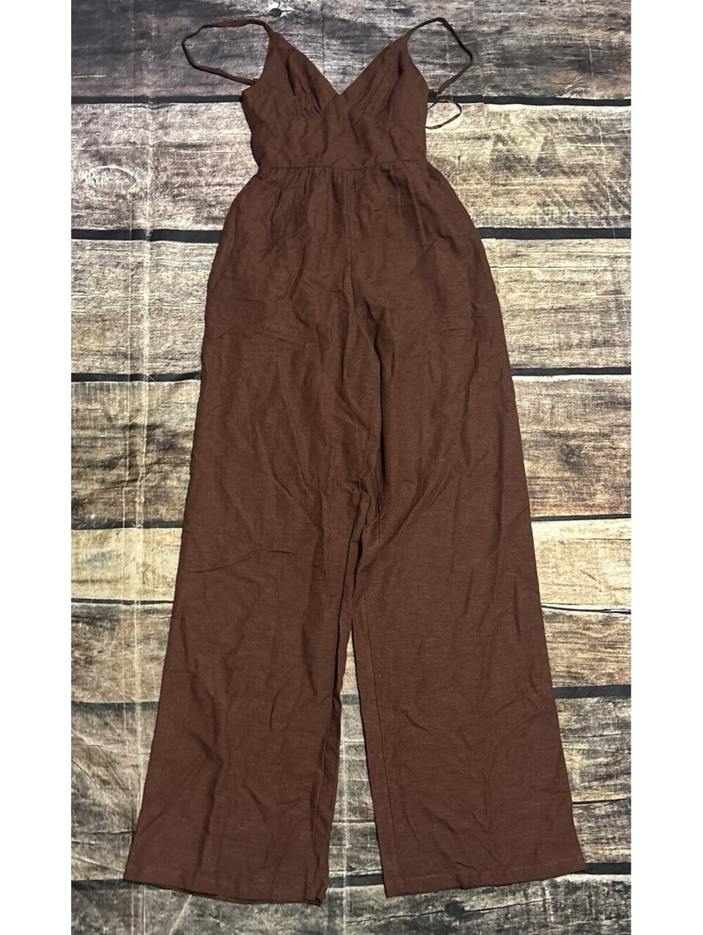 Midnight Sky Romper Womens XS Linen Blend Brown Strap Back Tie Wide Leg